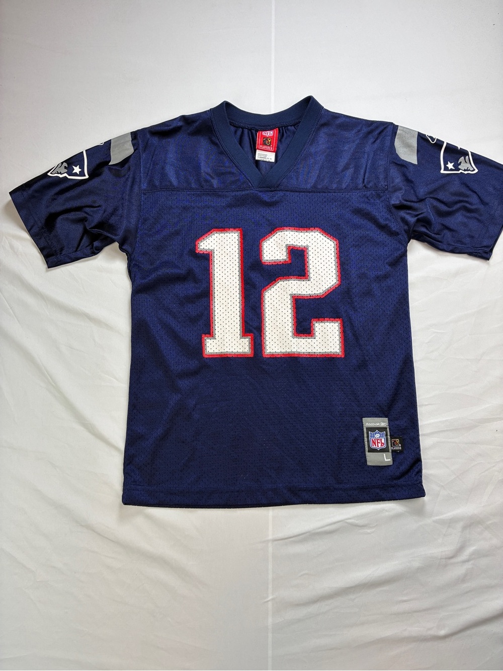 NFL Tom Brady Patriots Kids Navy Blue #12 Football Jersey Sz L 14-16 New England